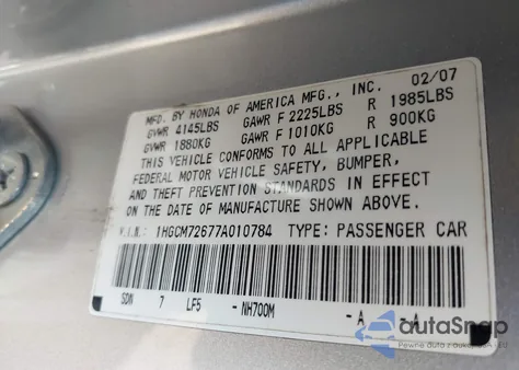2007 Honda Accord 2.4 Ex from USA, damaged, VIN 1HGCM72677A010784